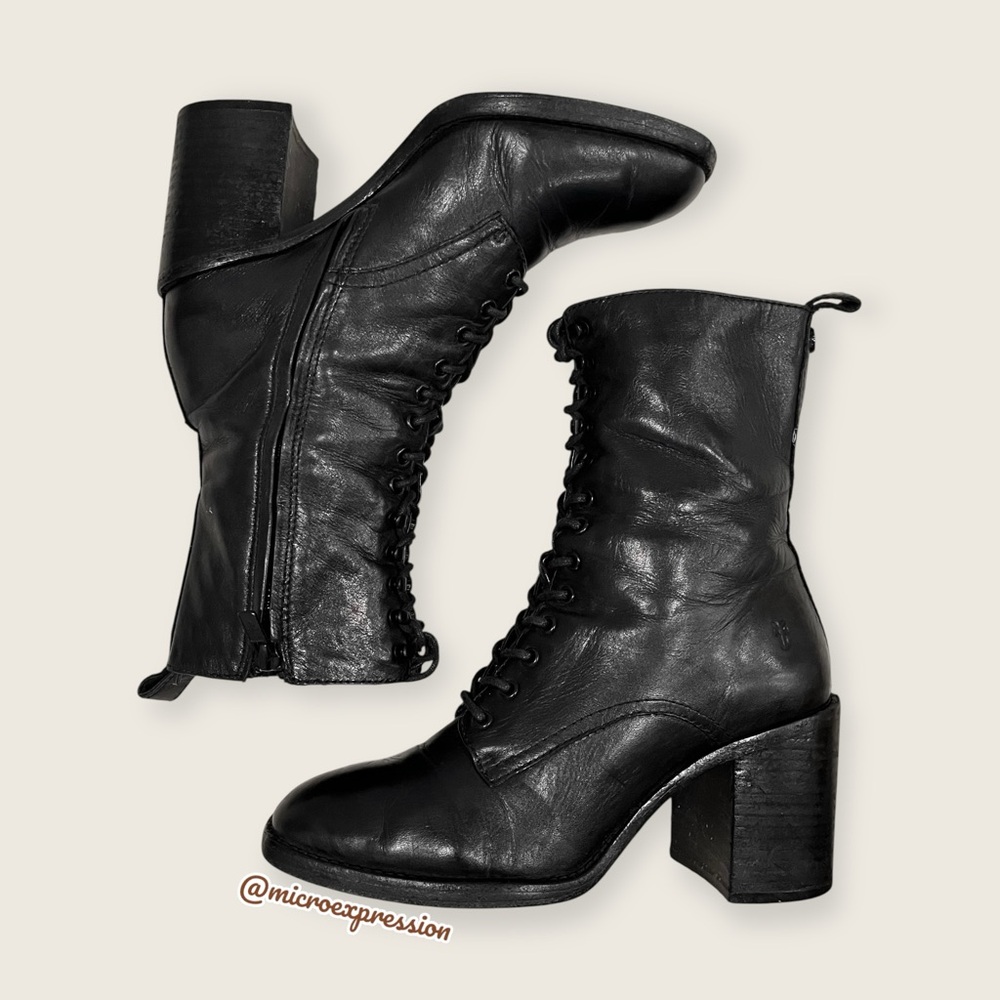 $399 Frye Pia Black Leather Combat Lace Up Moto Goth Block Heel Ankle Bootie - Picture 15 of 15